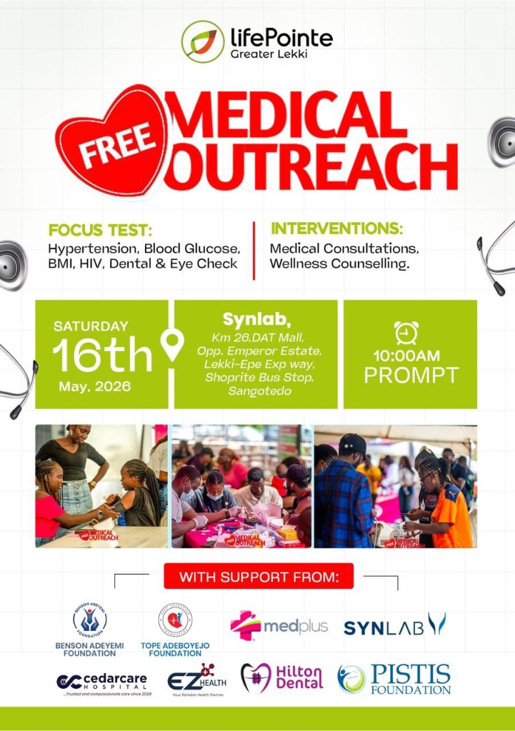 Free medical outreach event flyer — lifePointe Greater Lekki, 16 May 2026